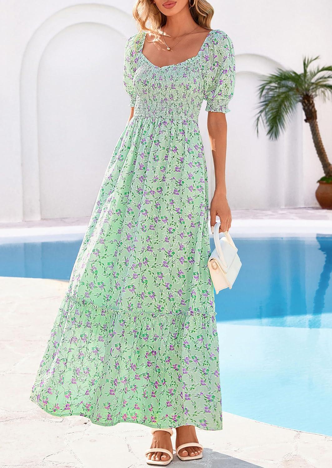 imagePRETTYGARDEN Womens Floral Boho Maxi Dresses Flowy Short Sleeve A Line Smocked Eyelet 2026 Summer Beach Vacation ClothesFloral Light Green