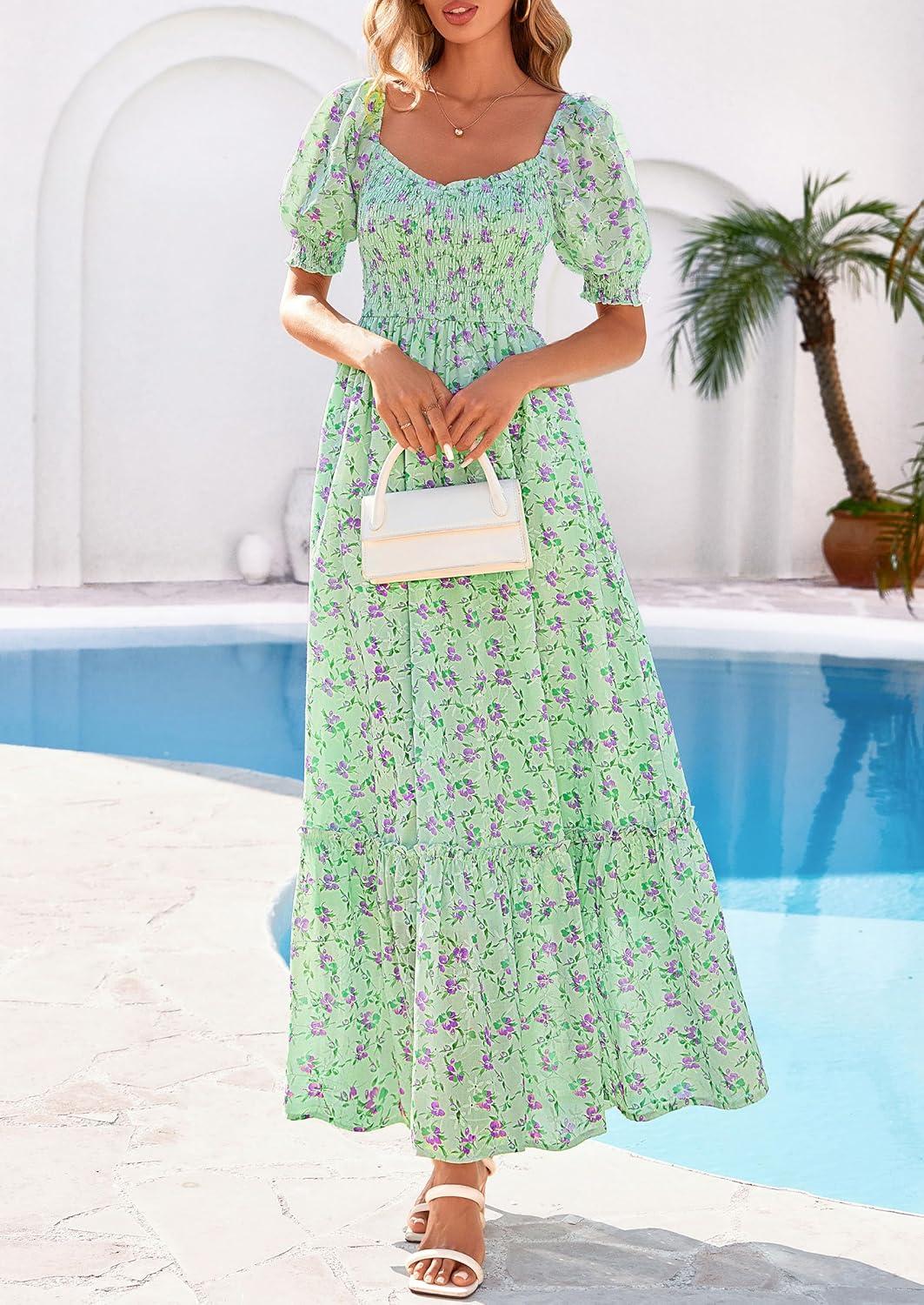 imagePRETTYGARDEN Womens Floral Boho Maxi Dresses Flowy Short Sleeve A Line Smocked Eyelet 2026 Summer Beach Vacation ClothesFloral Light Green