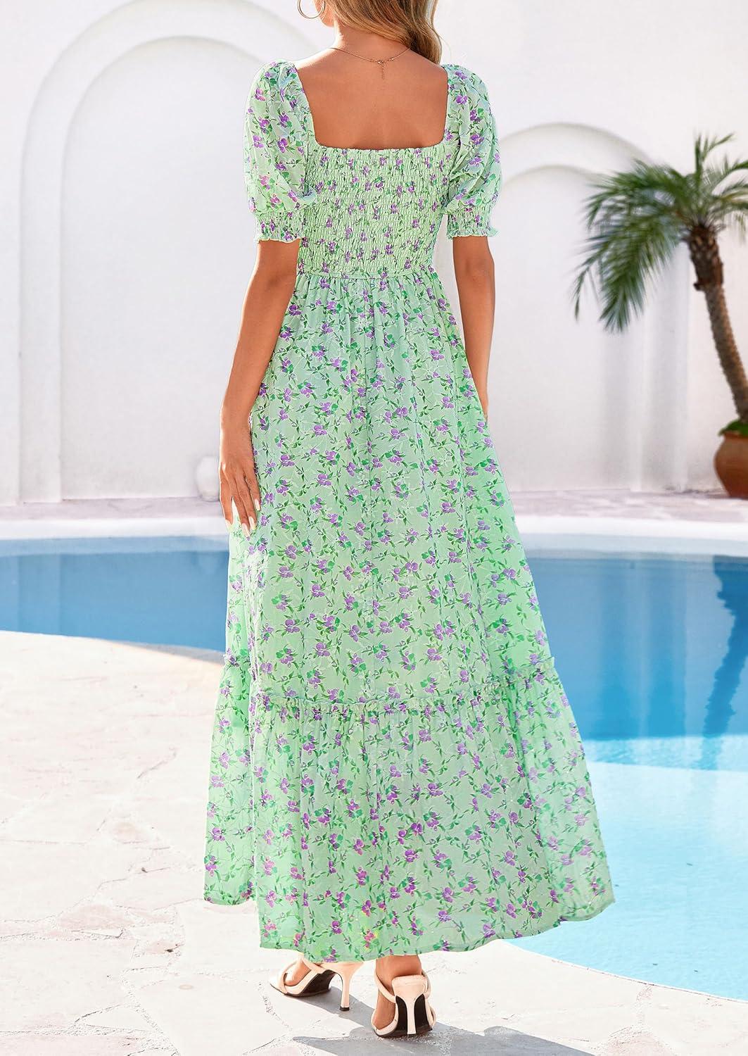 imagePRETTYGARDEN Womens Floral Boho Maxi Dresses Flowy Short Sleeve A Line Smocked Eyelet 2026 Summer Beach Vacation ClothesFloral Light Green