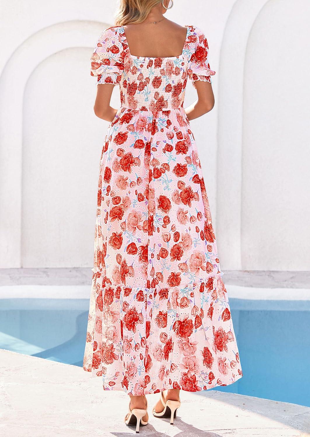 imagePRETTYGARDEN Womens Floral Boho Maxi Dresses Flowy Short Sleeve A Line Smocked Eyelet 2026 Summer Beach Vacation ClothesFloral Orange Red