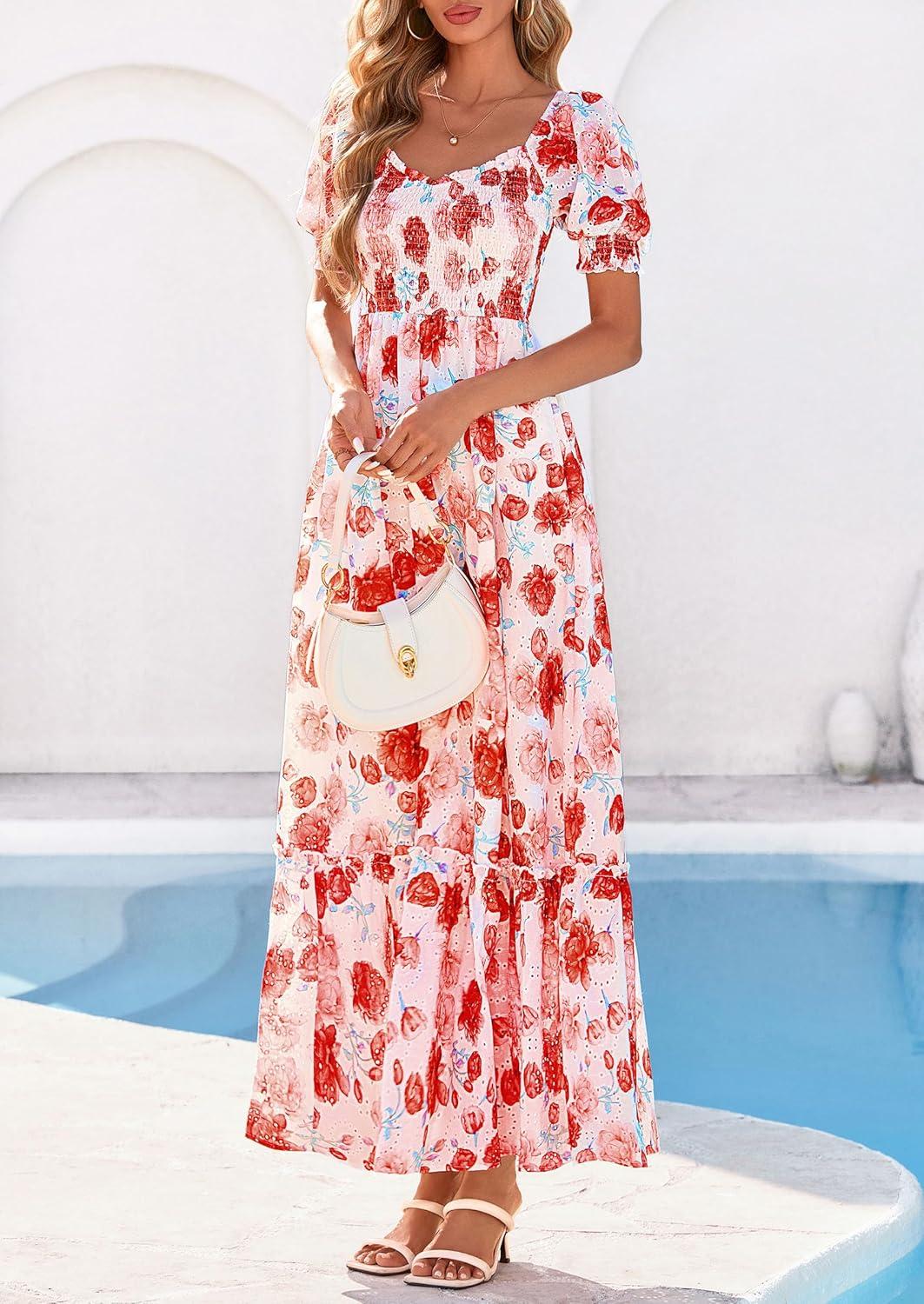 imagePRETTYGARDEN Womens Floral Boho Maxi Dresses Flowy Short Sleeve A Line Smocked Eyelet 2026 Summer Beach Vacation ClothesFloral Orange Red