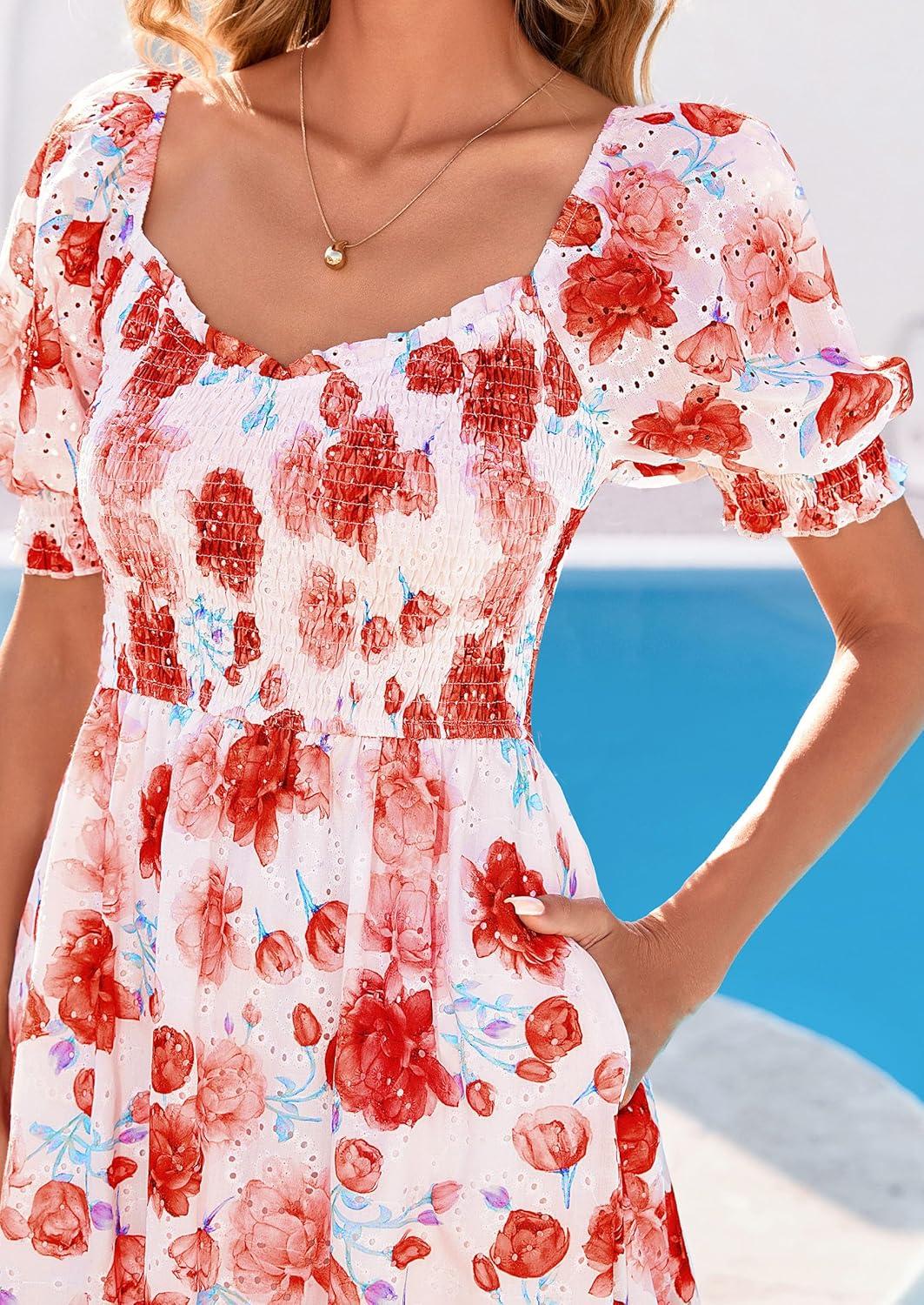 imagePRETTYGARDEN Womens Floral Boho Maxi Dresses Flowy Short Sleeve A Line Smocked Eyelet 2026 Summer Beach Vacation ClothesFloral Orange Red