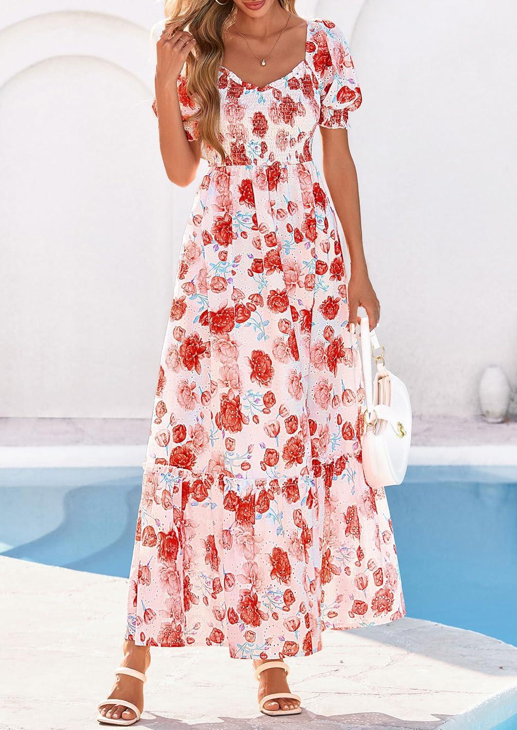 imagePRETTYGARDEN Womens Floral Boho Maxi Dresses Flowy Short Sleeve A Line Smocked Eyelet 2026 Summer Beach Vacation ClothesFloral Orange Red