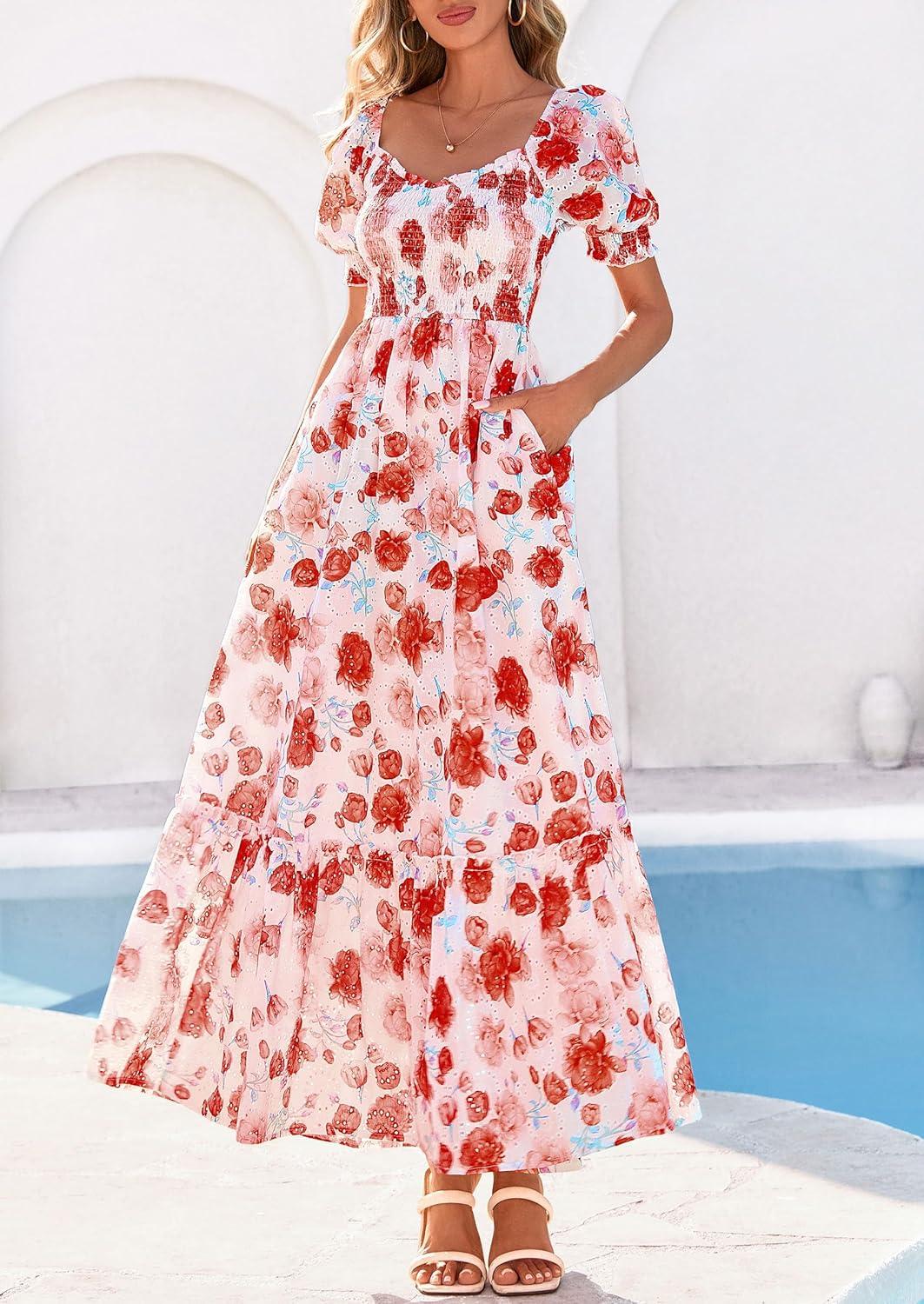 imagePRETTYGARDEN Womens Floral Boho Maxi Dresses Flowy Short Sleeve A Line Smocked Eyelet 2026 Summer Beach Vacation ClothesFloral Orange Red