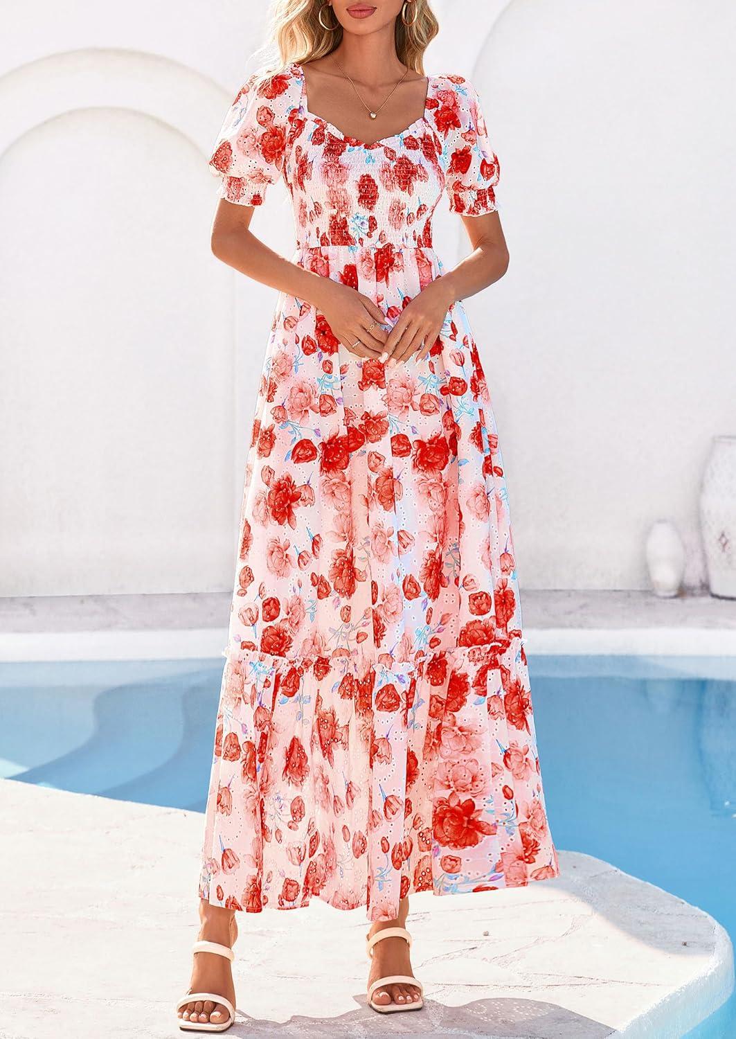 imagePRETTYGARDEN Womens Floral Boho Maxi Dresses Flowy Short Sleeve A Line Smocked Eyelet 2026 Summer Beach Vacation ClothesFloral Orange Red