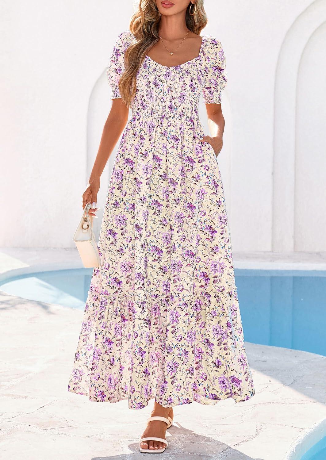 imagePRETTYGARDEN Womens Floral Boho Maxi Dresses Flowy Short Sleeve A Line Smocked Eyelet 2026 Summer Beach Vacation ClothesFloral Purple