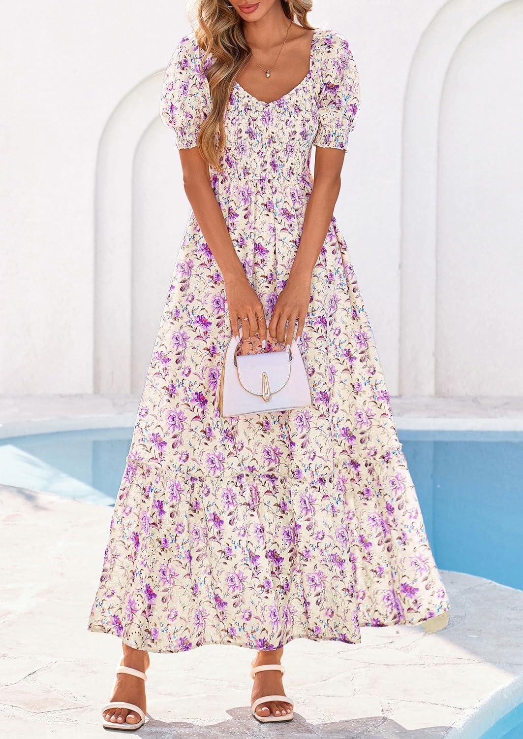 imagePRETTYGARDEN Womens Floral Boho Maxi Dresses Flowy Short Sleeve A Line Smocked Eyelet 2026 Summer Beach Vacation ClothesFloral Purple