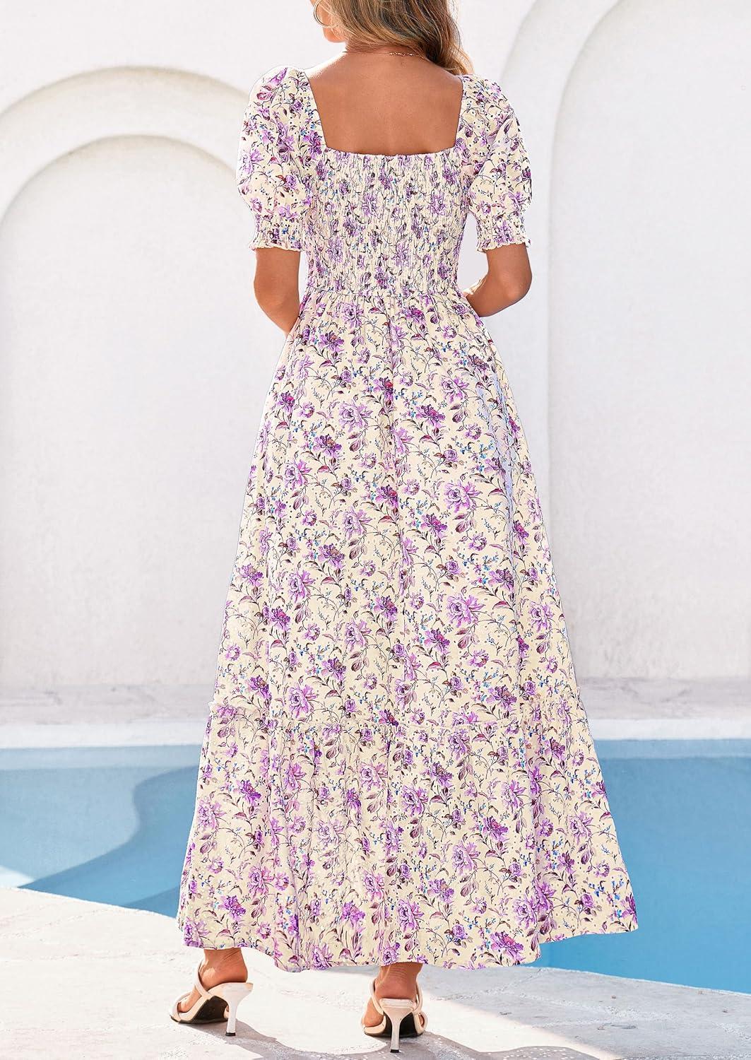 imagePRETTYGARDEN Womens Floral Boho Maxi Dresses Flowy Short Sleeve A Line Smocked Eyelet 2026 Summer Beach Vacation ClothesFloral Purple