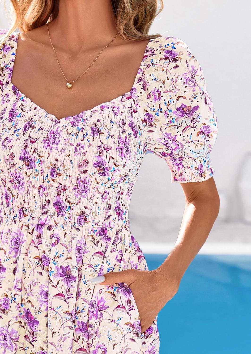 imagePRETTYGARDEN Womens Floral Boho Maxi Dresses Flowy Short Sleeve A Line Smocked Eyelet 2026 Summer Beach Vacation ClothesFloral Purple