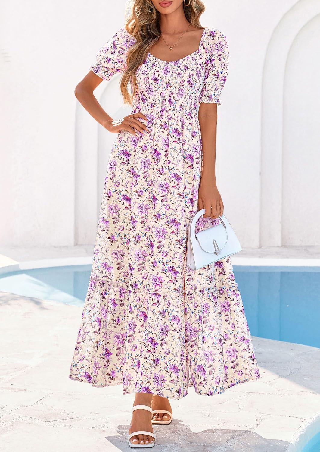 imagePRETTYGARDEN Womens Floral Boho Maxi Dresses Flowy Short Sleeve A Line Smocked Eyelet 2026 Summer Beach Vacation ClothesFloral Purple