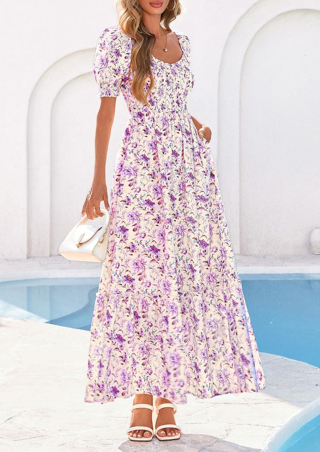 imagePRETTYGARDEN Womens Floral Boho Maxi Dresses Flowy Short Sleeve A Line Smocked Eyelet 2026 Summer Beach Vacation ClothesFloral Purple