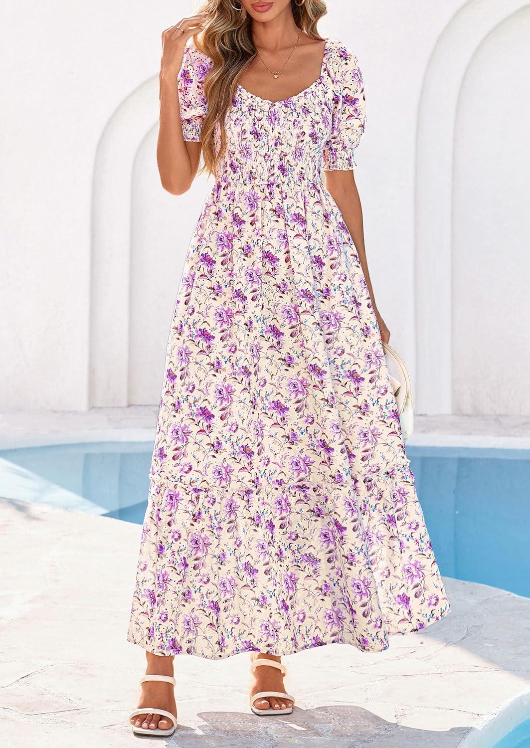 imagePRETTYGARDEN Womens Floral Boho Maxi Dresses Flowy Short Sleeve A Line Smocked Eyelet 2026 Summer Beach Vacation ClothesFloral Purple