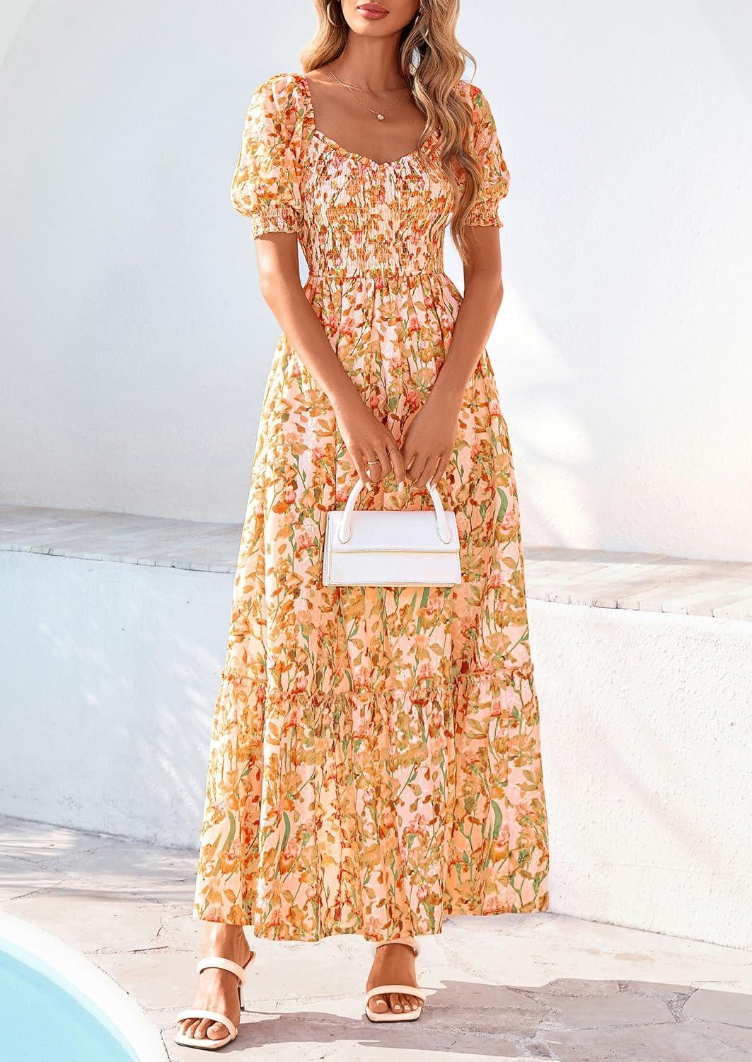 imagePRETTYGARDEN Womens Floral Boho Maxi Dresses Flowy Short Sleeve A Line Smocked Eyelet 2026 Summer Beach Vacation ClothesFloral White Orange Yellow