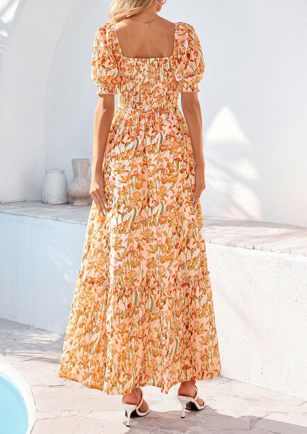 imagePRETTYGARDEN Womens Floral Boho Maxi Dresses Flowy Short Sleeve A Line Smocked Eyelet 2026 Summer Beach Vacation ClothesFloral White Orange Yellow