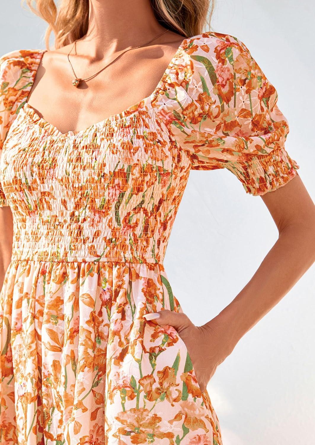 imagePRETTYGARDEN Womens Floral Boho Maxi Dresses Flowy Short Sleeve A Line Smocked Eyelet 2026 Summer Beach Vacation ClothesFloral White Orange Yellow