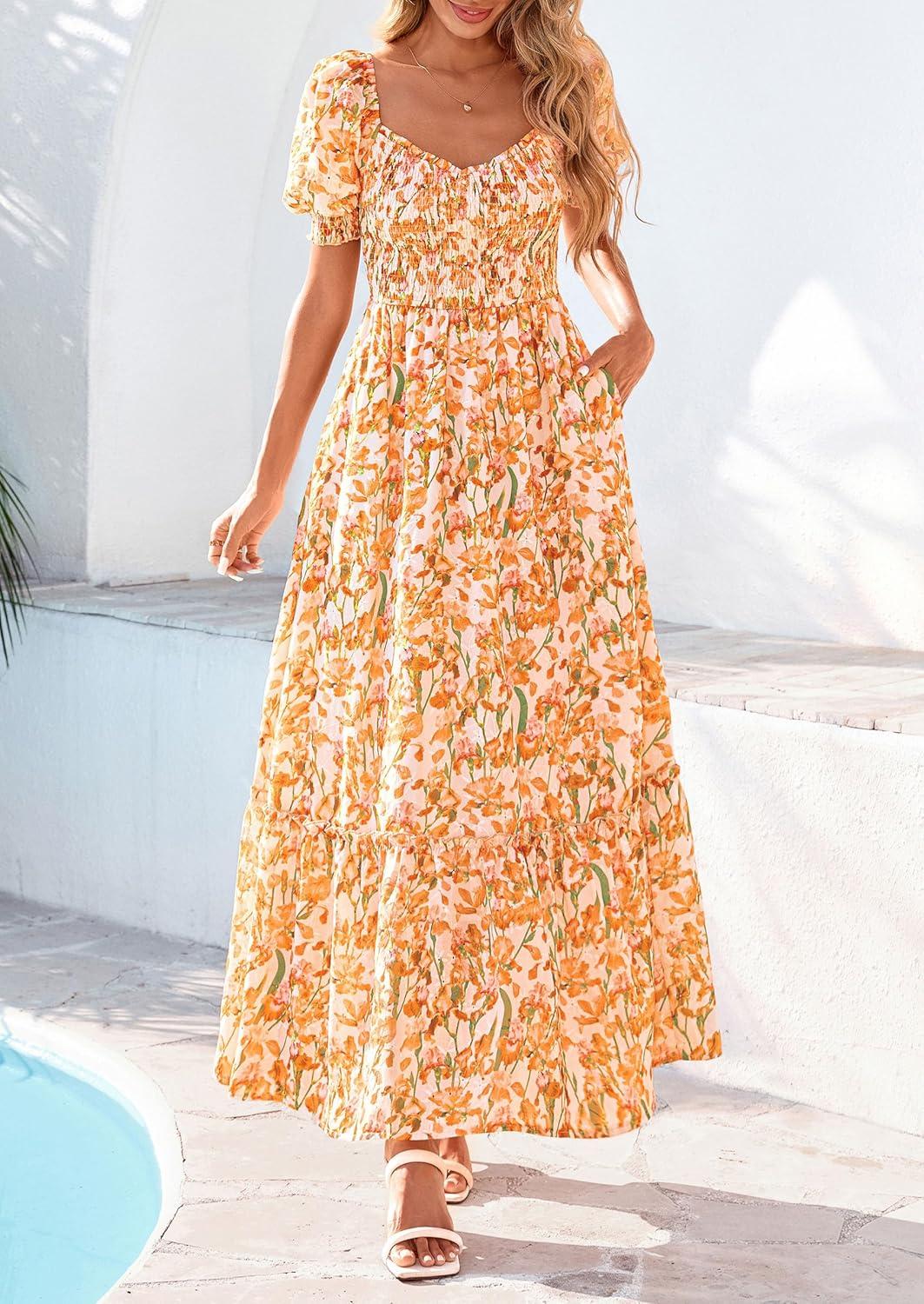 imagePRETTYGARDEN Womens Floral Boho Maxi Dresses Flowy Short Sleeve A Line Smocked Eyelet 2026 Summer Beach Vacation ClothesFloral White Orange Yellow