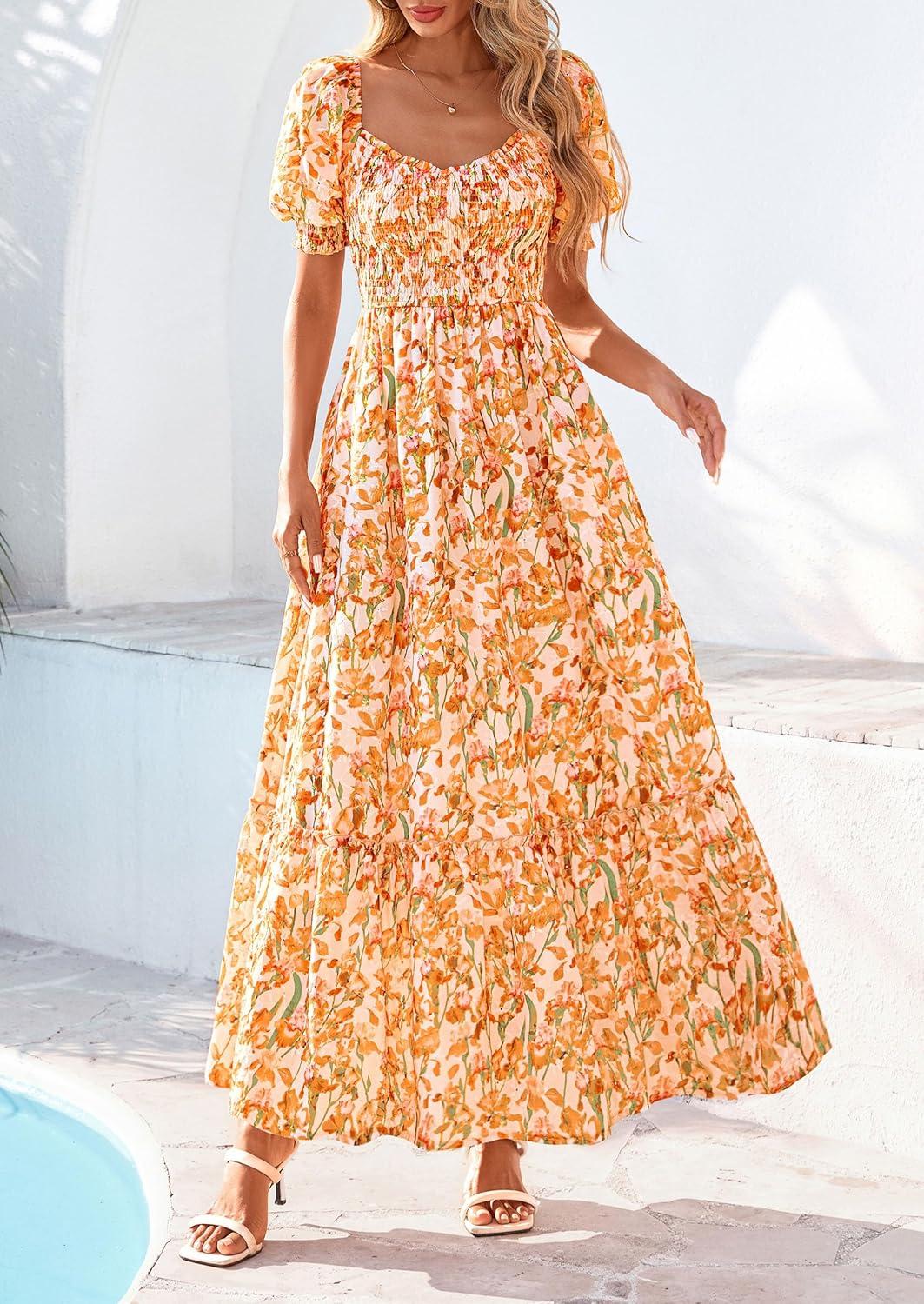 imagePRETTYGARDEN Womens Floral Boho Maxi Dresses Flowy Short Sleeve A Line Smocked Eyelet 2026 Summer Beach Vacation ClothesFloral White Orange Yellow