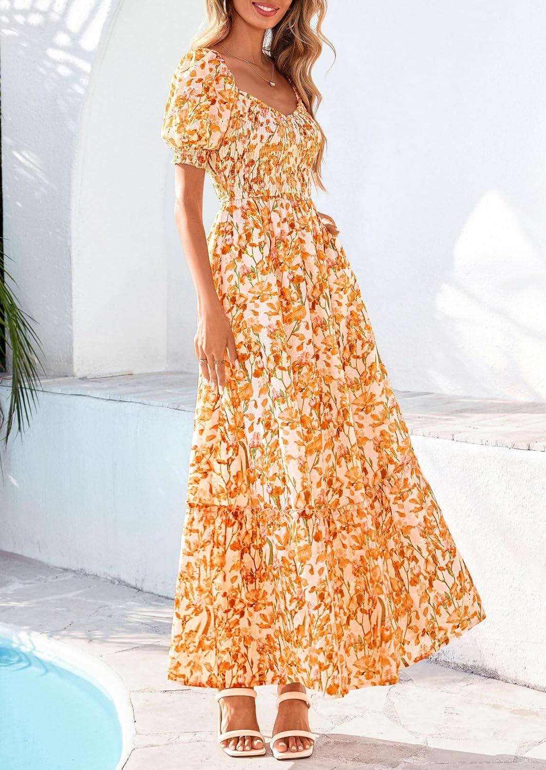 imagePRETTYGARDEN Womens Floral Boho Maxi Dresses Flowy Short Sleeve A Line Smocked Eyelet 2026 Summer Beach Vacation ClothesFloral White Orange Yellow