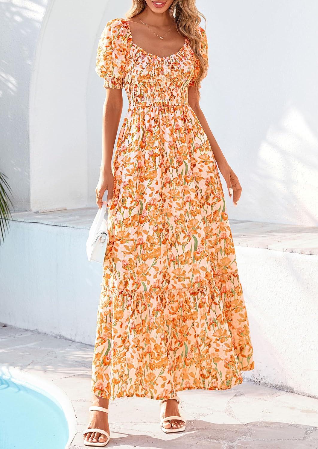 imagePRETTYGARDEN Womens Floral Boho Maxi Dresses Flowy Short Sleeve A Line Smocked Eyelet 2026 Summer Beach Vacation ClothesFloral White Orange Yellow