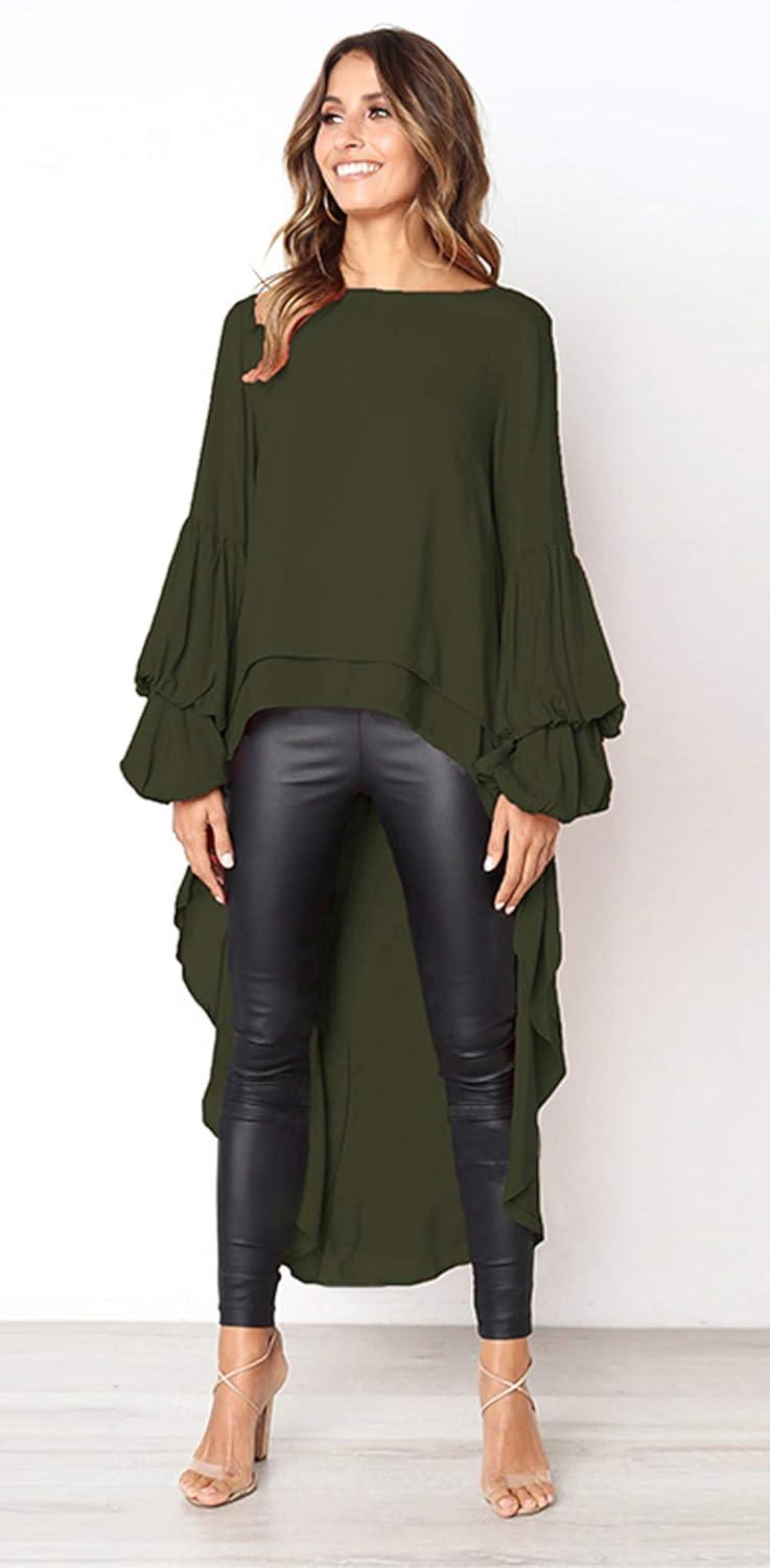 imagePRETTYGARDEN Womens Lantern Long Sleeve Round Neck High Low Asymmetrical Irregular Hem Casual Tops Blouse Shirt DressArmy Green
