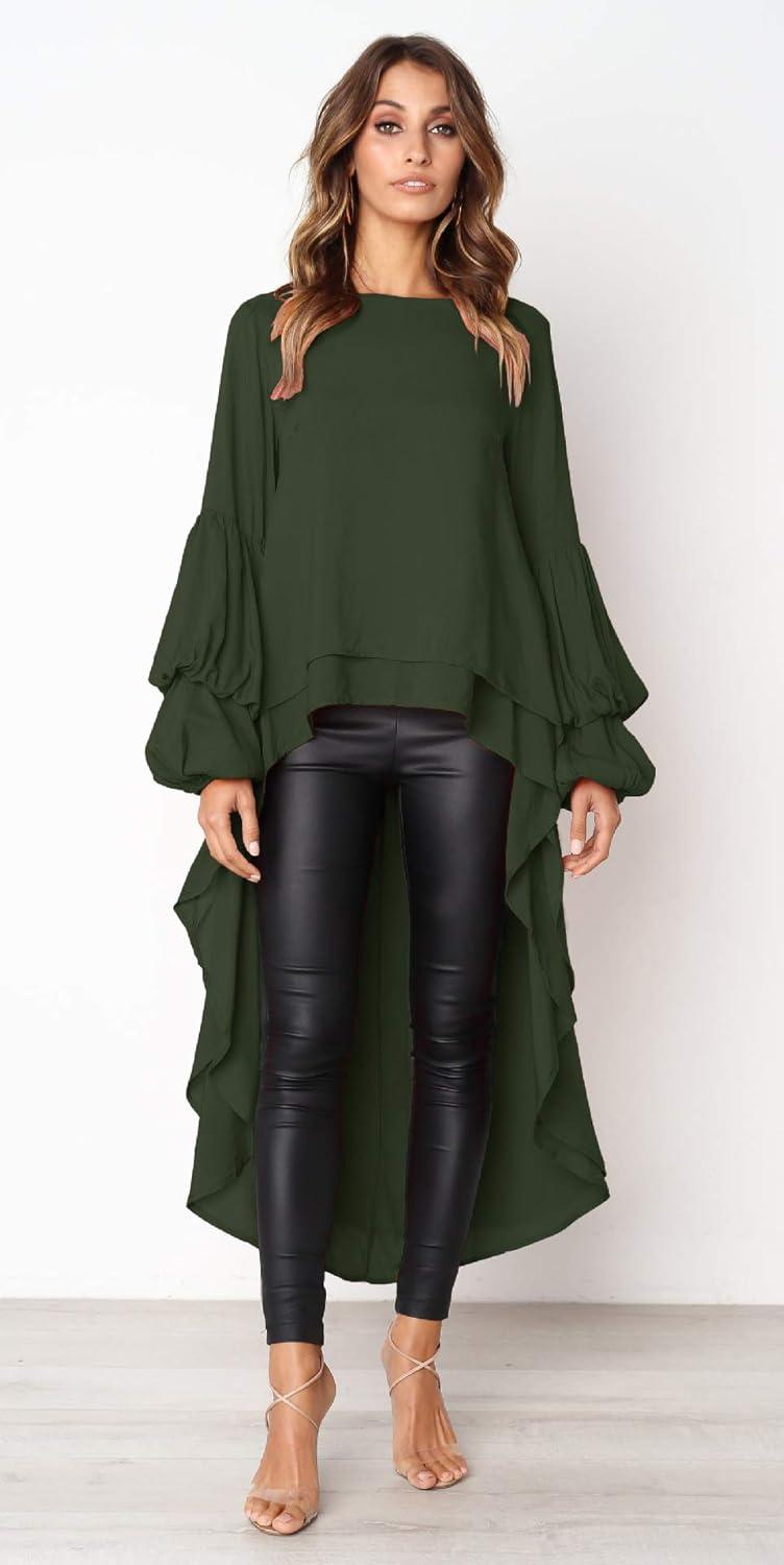 imagePRETTYGARDEN Womens Lantern Long Sleeve Round Neck High Low Asymmetrical Irregular Hem Casual Tops Blouse Shirt DressArmy Green