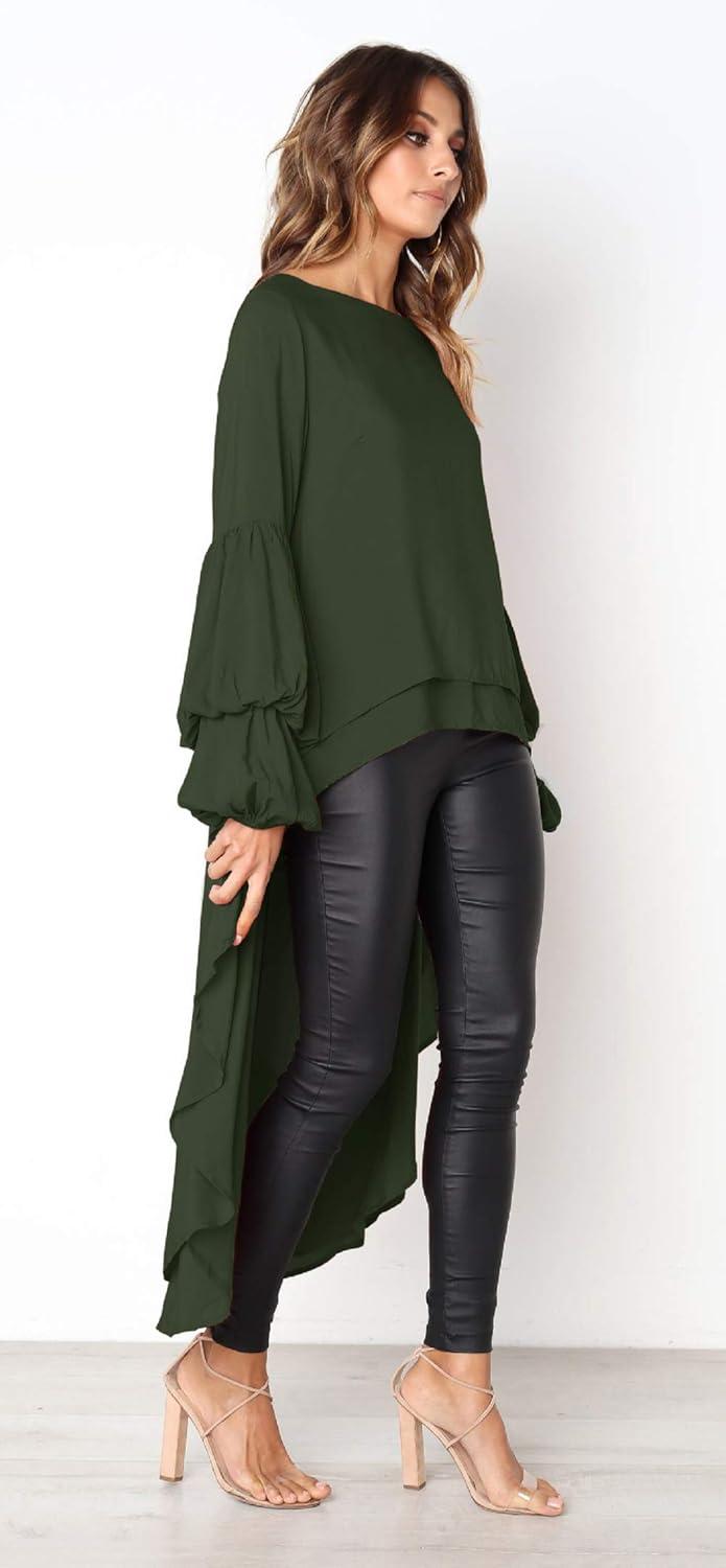 imagePRETTYGARDEN Womens Lantern Long Sleeve Round Neck High Low Asymmetrical Irregular Hem Casual Tops Blouse Shirt DressArmy Green