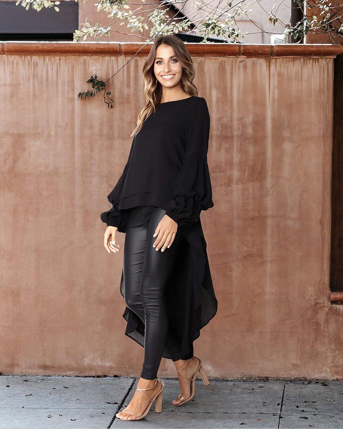 imagePRETTYGARDEN Womens Lantern Long Sleeve Round Neck High Low Asymmetrical Irregular Hem Casual Tops Blouse Shirt DressBlack