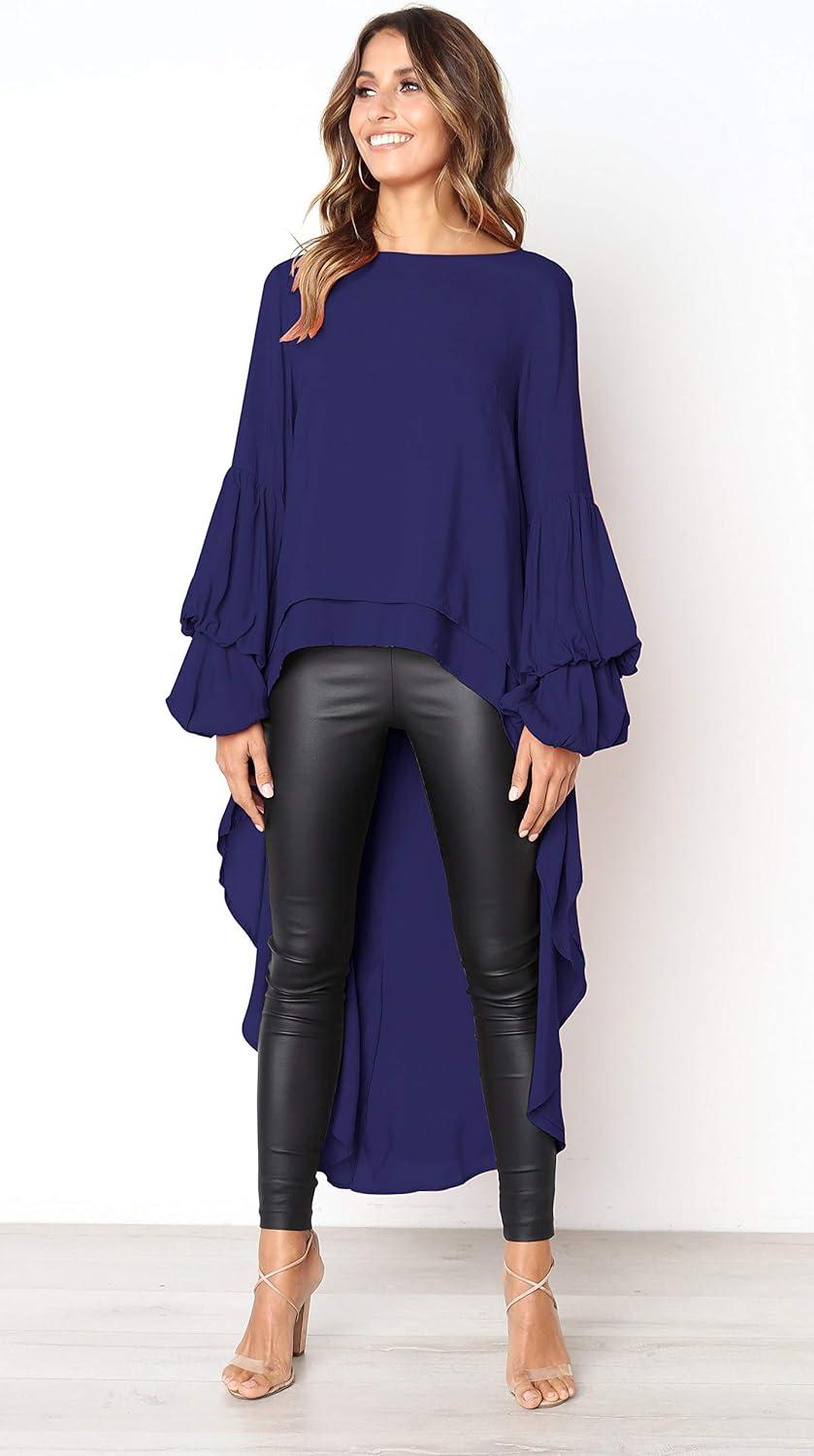 imagePRETTYGARDEN Womens Lantern Long Sleeve Round Neck High Low Asymmetrical Irregular Hem Casual Tops Blouse Shirt DressBlue