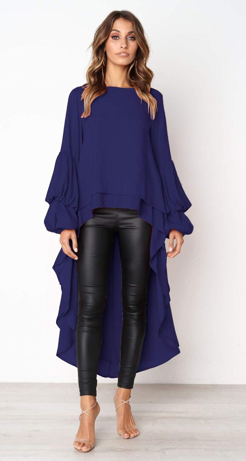 imagePRETTYGARDEN Womens Lantern Long Sleeve Round Neck High Low Asymmetrical Irregular Hem Casual Tops Blouse Shirt DressBlue
