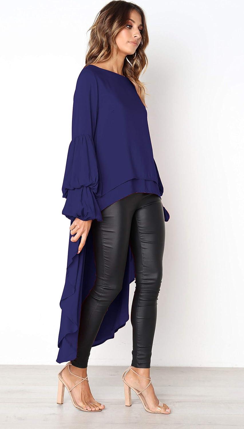 imagePRETTYGARDEN Womens Lantern Long Sleeve Round Neck High Low Asymmetrical Irregular Hem Casual Tops Blouse Shirt DressBlue