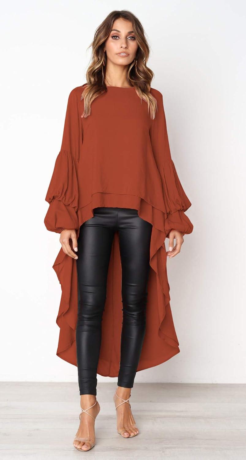 imagePRETTYGARDEN Womens Lantern Long Sleeve Round Neck High Low Asymmetrical Irregular Hem Casual Tops Blouse Shirt DressBrick Red