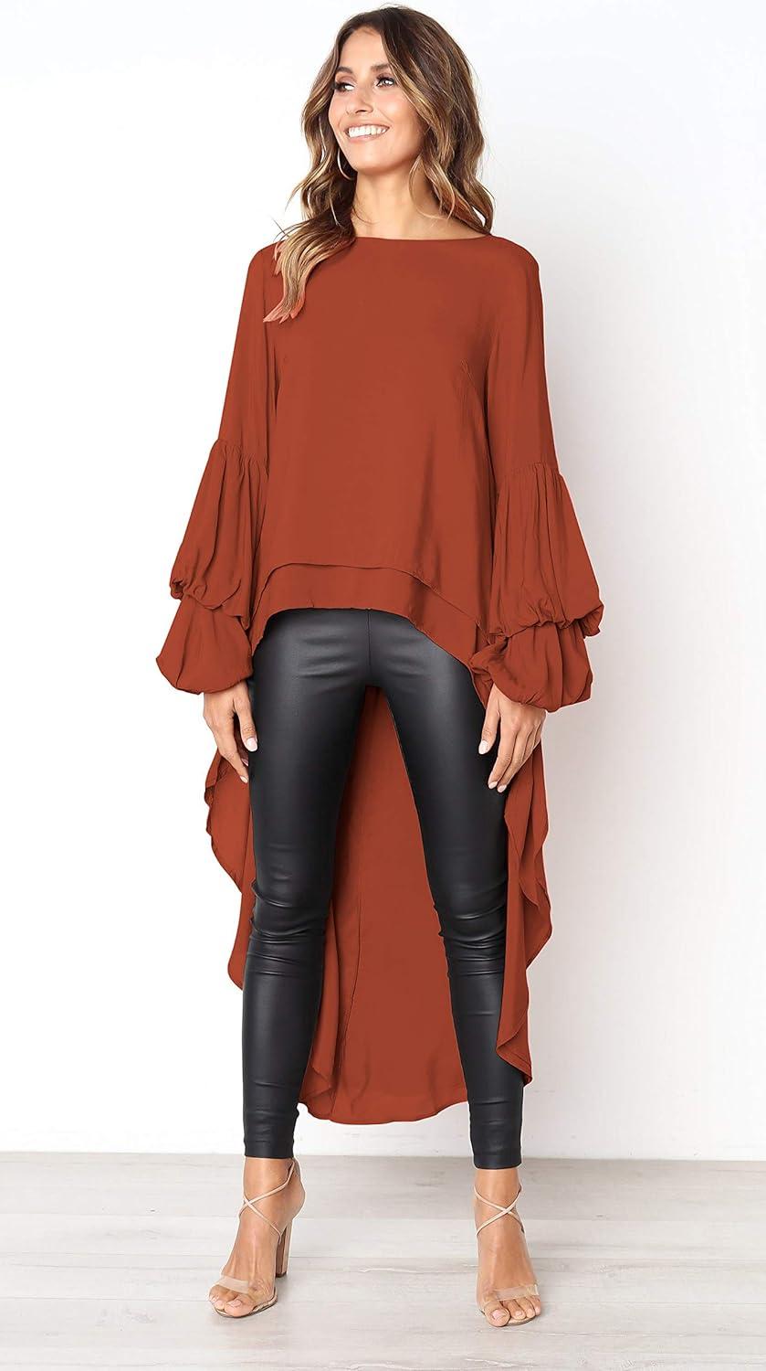 imagePRETTYGARDEN Womens Lantern Long Sleeve Round Neck High Low Asymmetrical Irregular Hem Casual Tops Blouse Shirt DressBrick Red