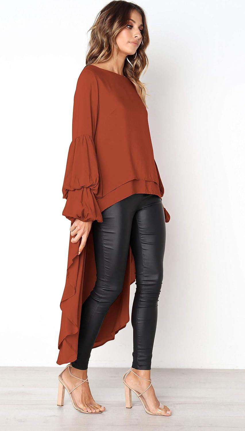 imagePRETTYGARDEN Womens Lantern Long Sleeve Round Neck High Low Asymmetrical Irregular Hem Casual Tops Blouse Shirt DressBrick Red