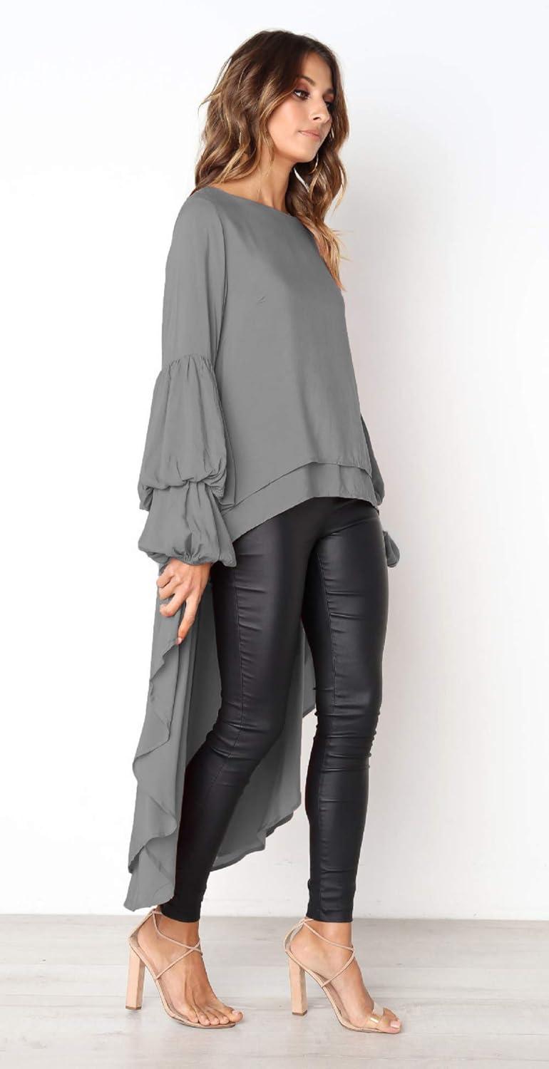 imagePRETTYGARDEN Womens Lantern Long Sleeve Round Neck High Low Asymmetrical Irregular Hem Casual Tops Blouse Shirt DressGrey