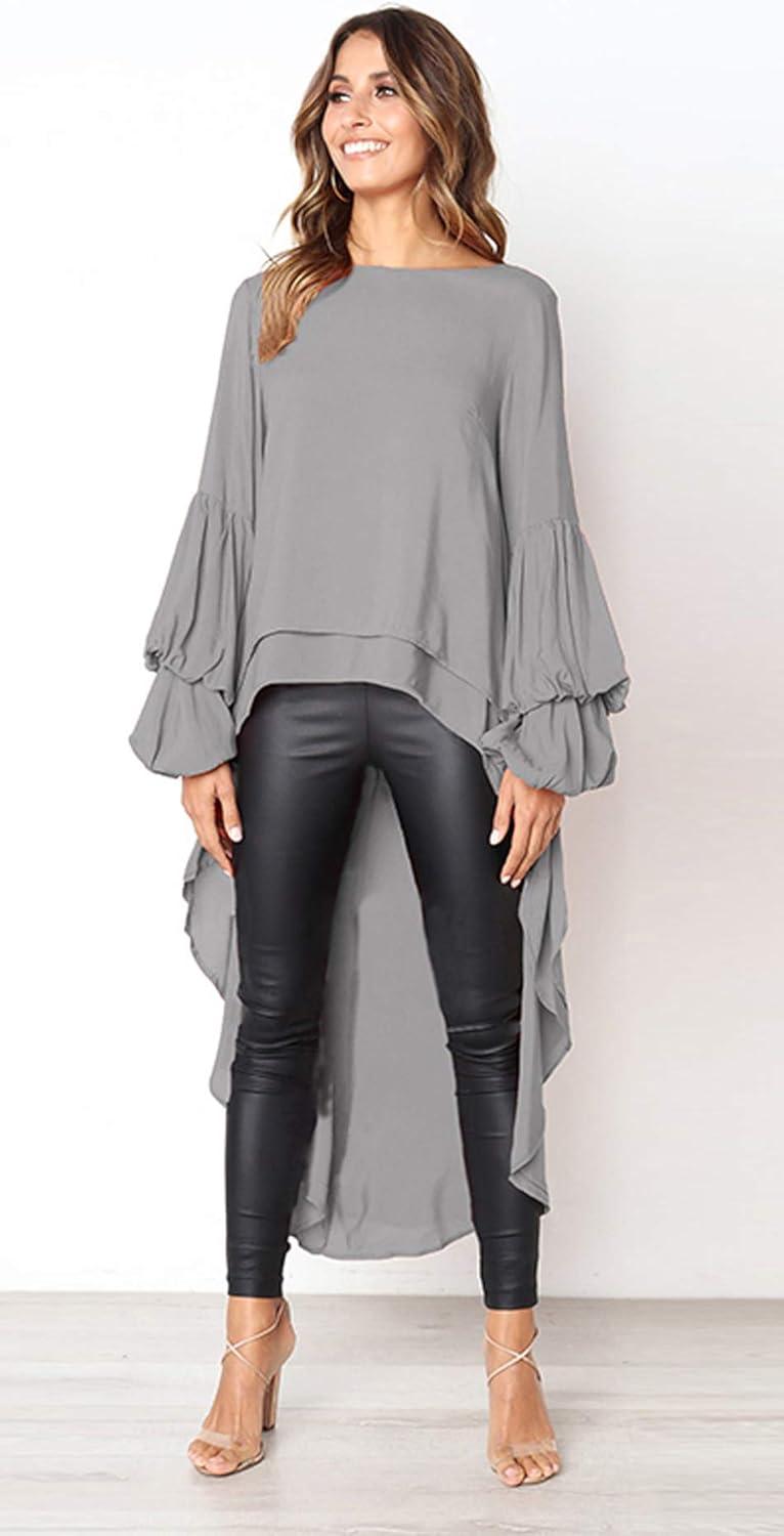 imagePRETTYGARDEN Womens Lantern Long Sleeve Round Neck High Low Asymmetrical Irregular Hem Casual Tops Blouse Shirt DressGrey