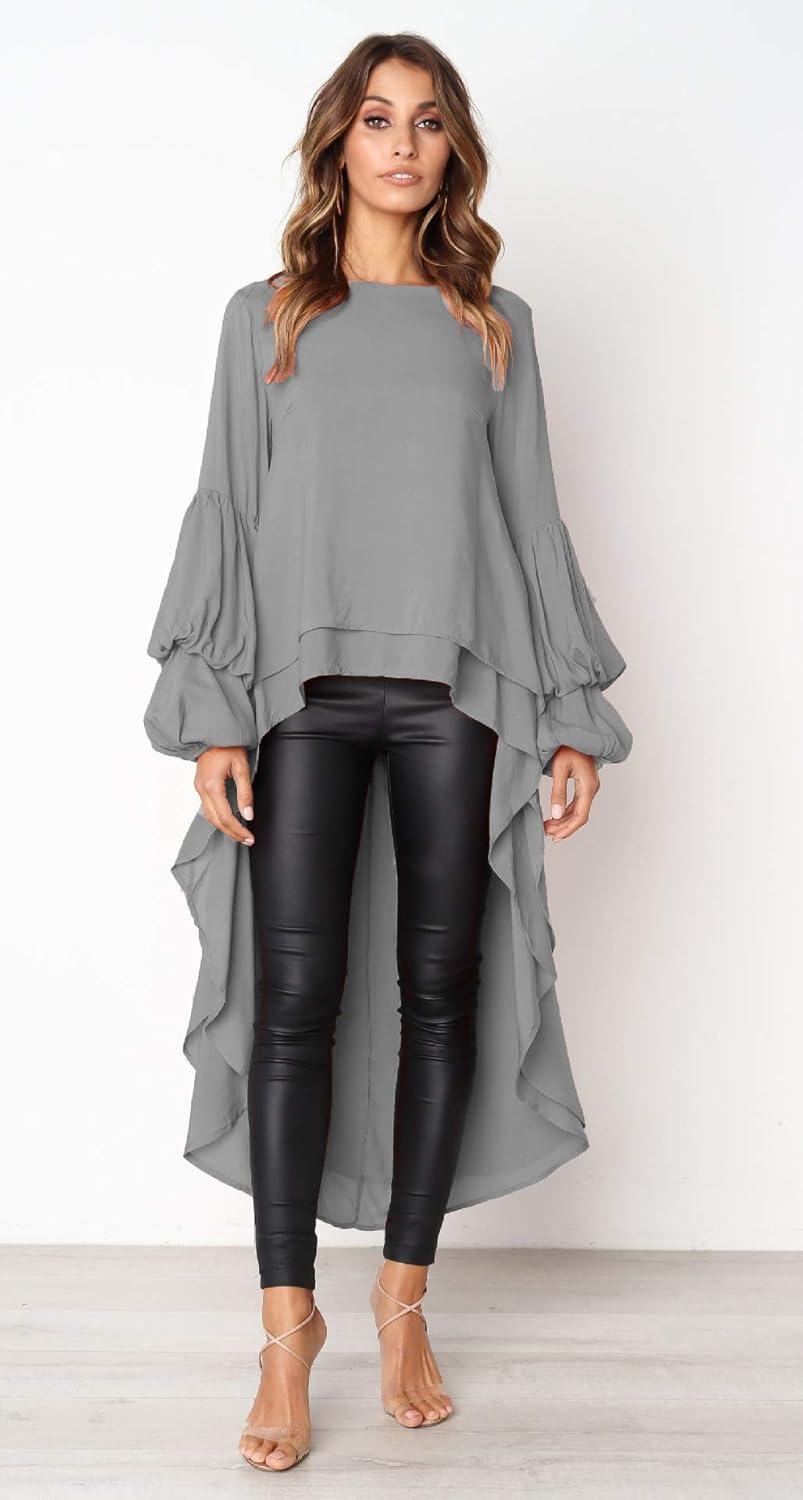 imagePRETTYGARDEN Womens Lantern Long Sleeve Round Neck High Low Asymmetrical Irregular Hem Casual Tops Blouse Shirt DressGrey