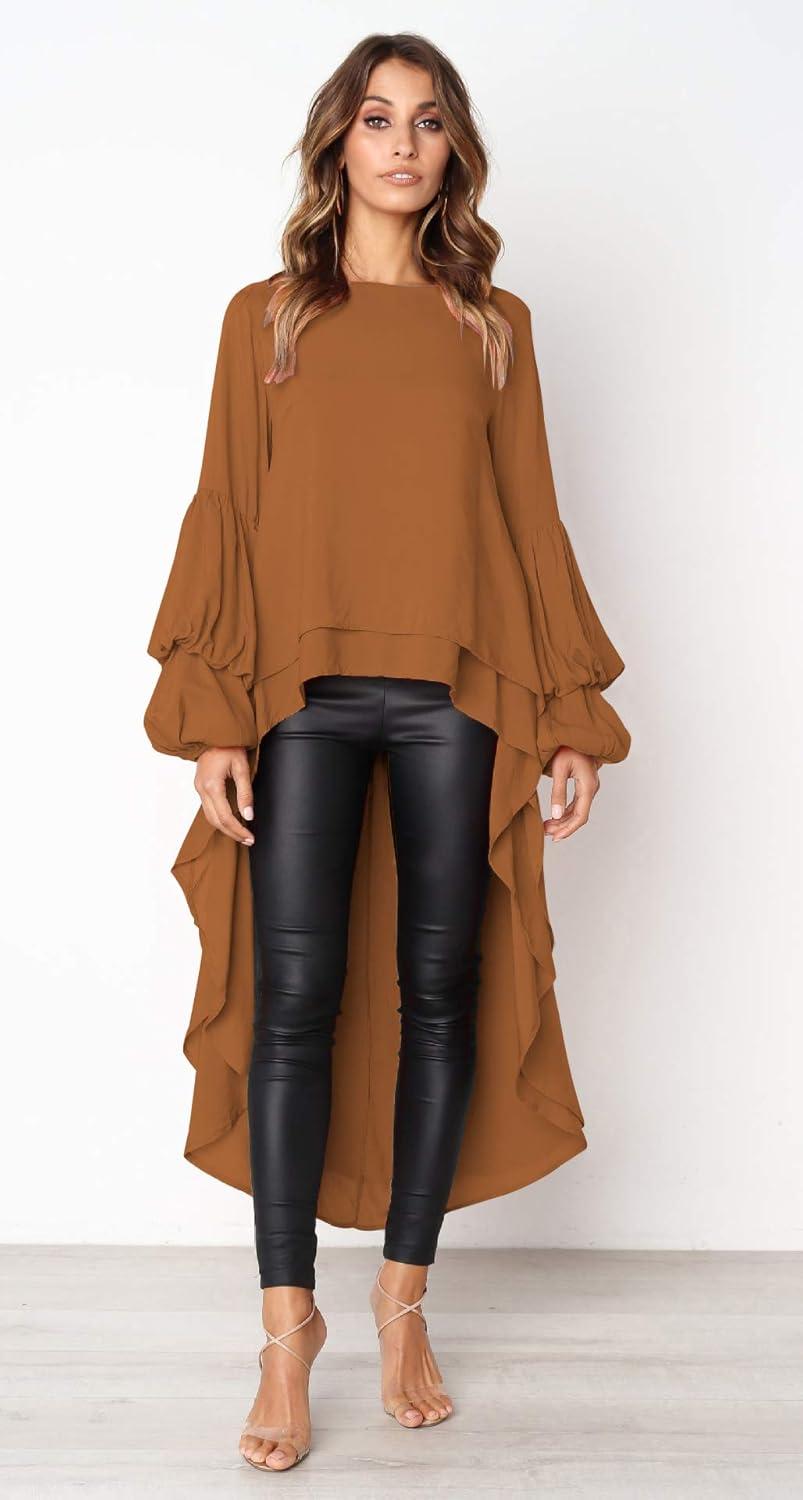imagePRETTYGARDEN Womens Lantern Long Sleeve Round Neck High Low Asymmetrical Irregular Hem Casual Tops Blouse Shirt DressKhaki