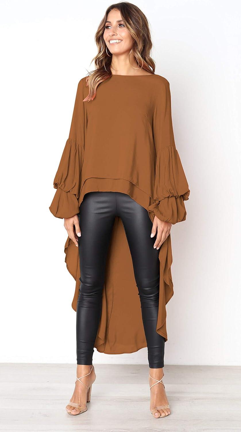 imagePRETTYGARDEN Womens Lantern Long Sleeve Round Neck High Low Asymmetrical Irregular Hem Casual Tops Blouse Shirt DressKhaki