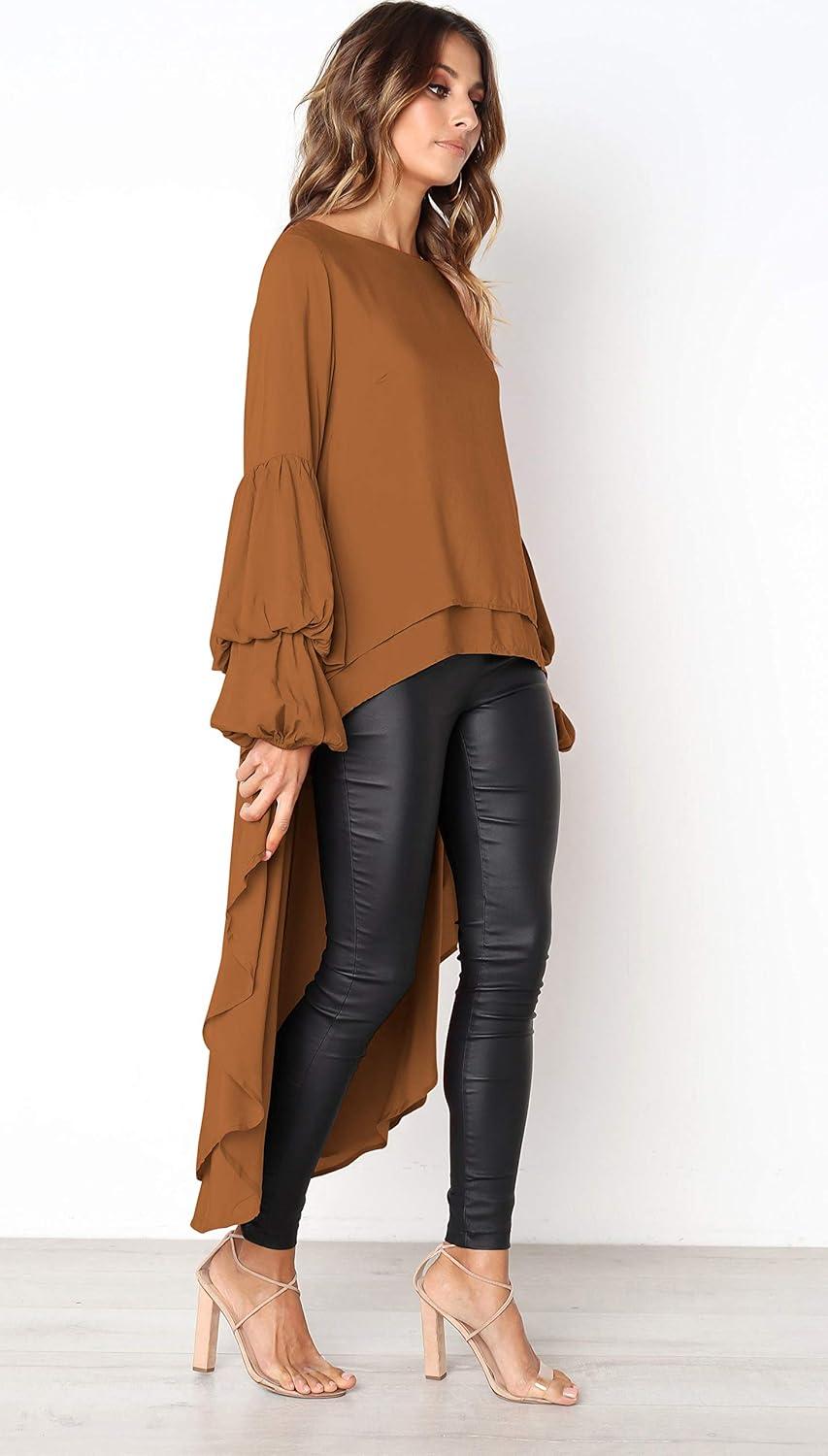 imagePRETTYGARDEN Womens Lantern Long Sleeve Round Neck High Low Asymmetrical Irregular Hem Casual Tops Blouse Shirt DressKhaki