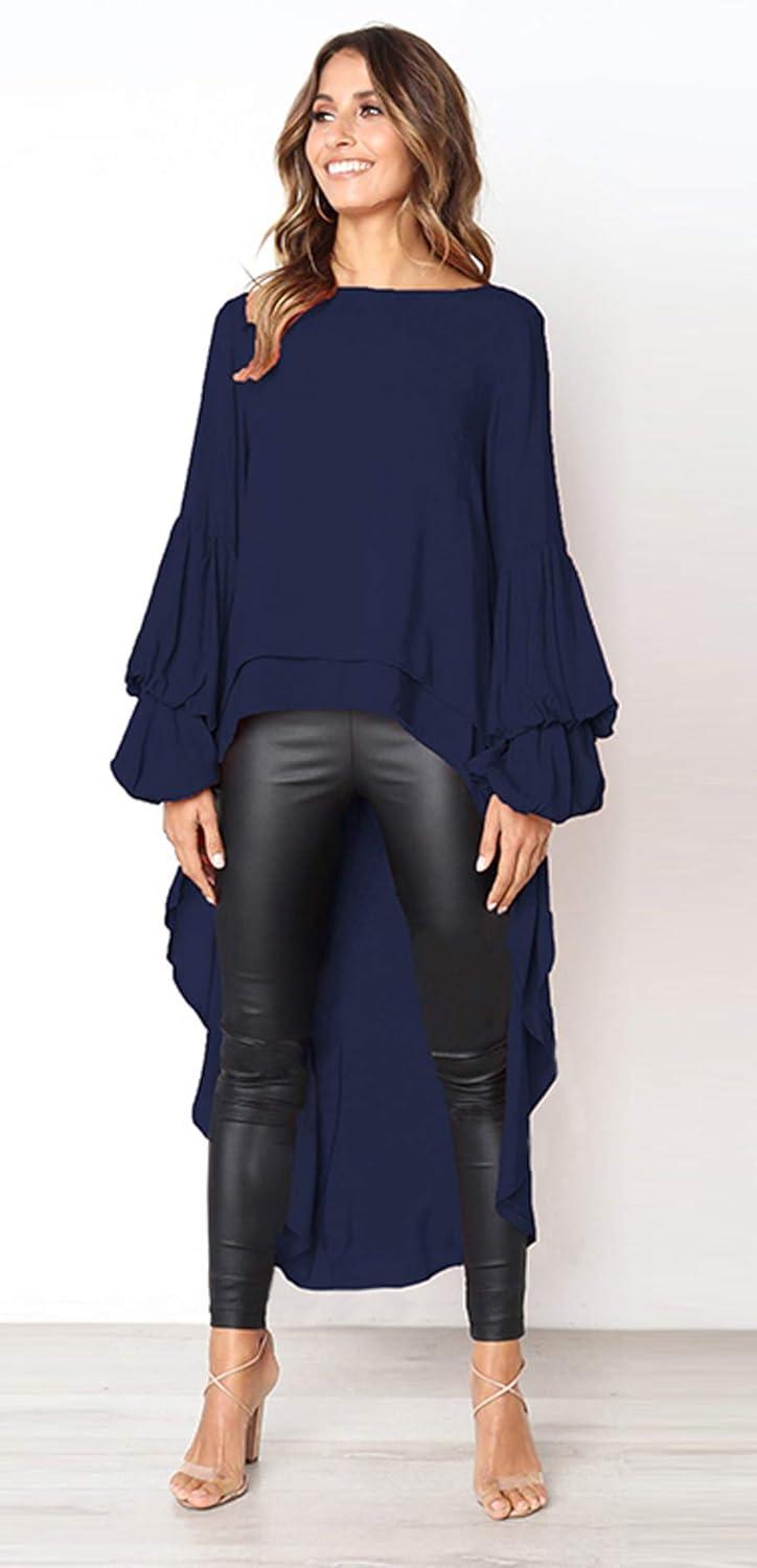 imagePRETTYGARDEN Womens Lantern Long Sleeve Round Neck High Low Asymmetrical Irregular Hem Casual Tops Blouse Shirt DressNavy