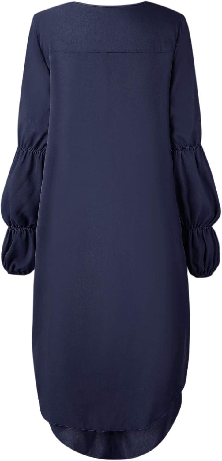 imagePRETTYGARDEN Womens Lantern Long Sleeve Round Neck High Low Asymmetrical Irregular Hem Casual Tops Blouse Shirt DressNavy
