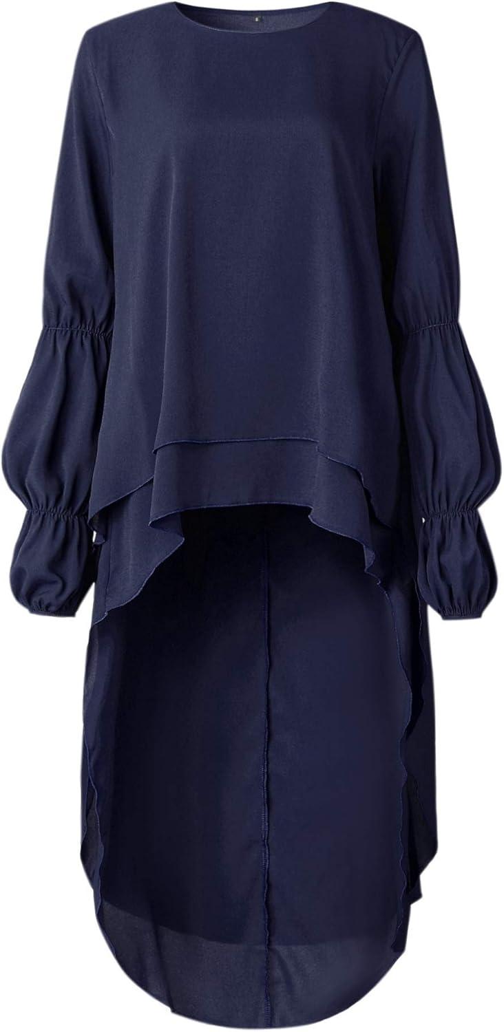 imagePRETTYGARDEN Womens Lantern Long Sleeve Round Neck High Low Asymmetrical Irregular Hem Casual Tops Blouse Shirt DressNavy
