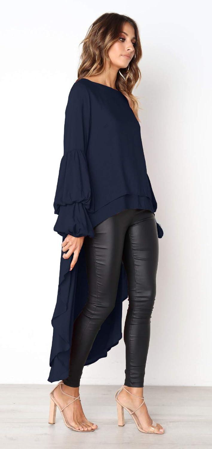 imagePRETTYGARDEN Womens Lantern Long Sleeve Round Neck High Low Asymmetrical Irregular Hem Casual Tops Blouse Shirt DressNavy