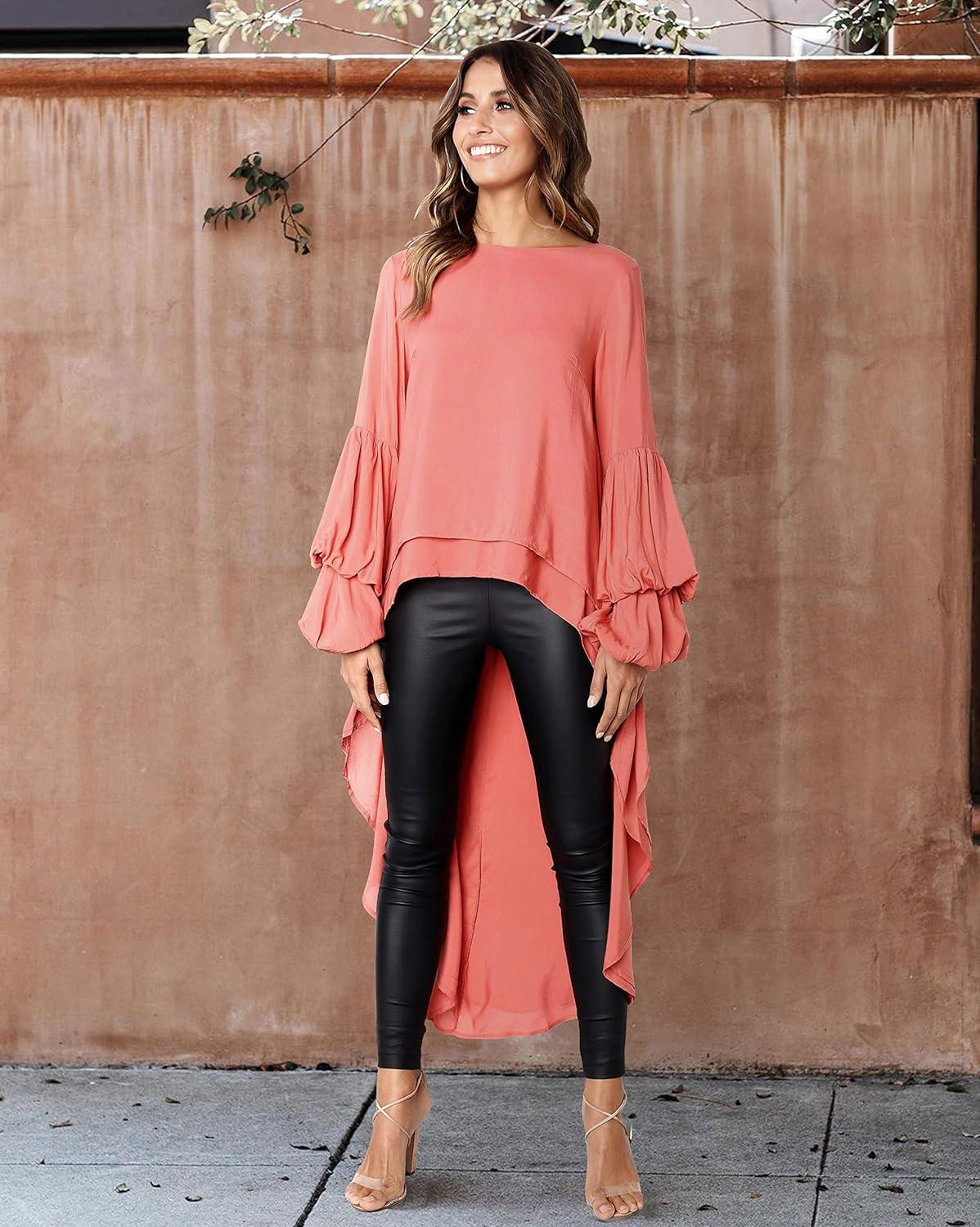 imagePRETTYGARDEN Womens Lantern Long Sleeve Round Neck High Low Asymmetrical Irregular Hem Casual Tops Blouse Shirt DressOrange
