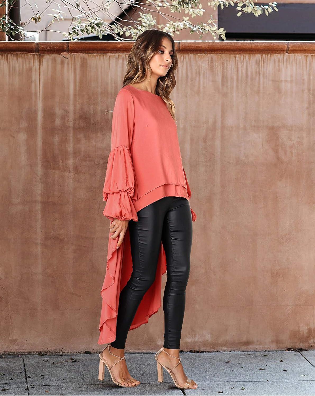 imagePRETTYGARDEN Womens Lantern Long Sleeve Round Neck High Low Asymmetrical Irregular Hem Casual Tops Blouse Shirt DressOrange
