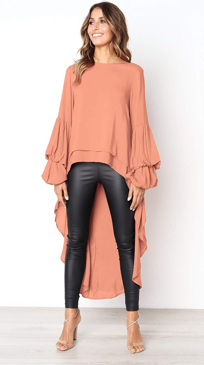 imagePRETTYGARDEN Womens Lantern Long Sleeve Round Neck High Low Asymmetrical Irregular Hem Casual Tops Blouse Shirt DressPink