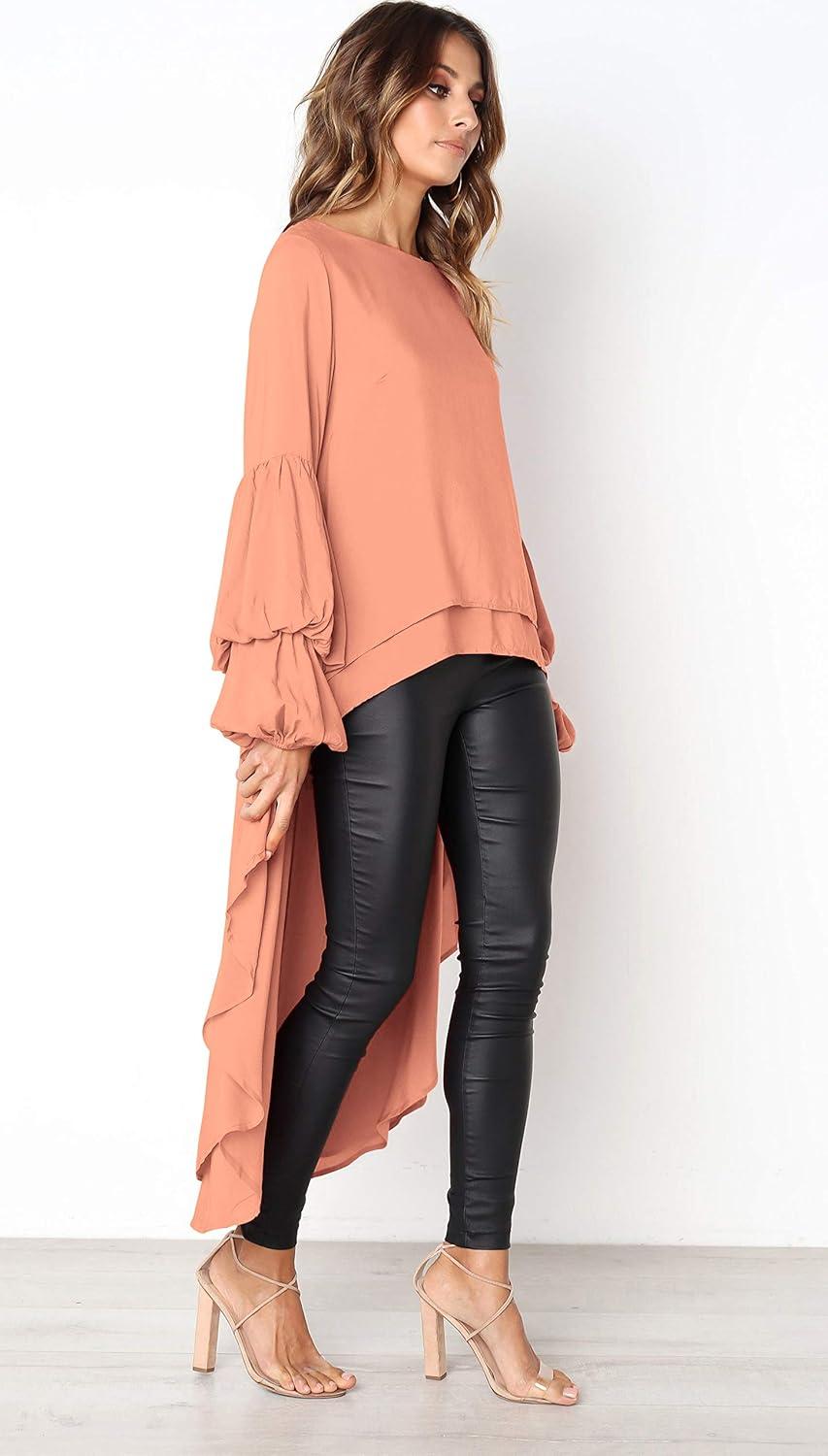 imagePRETTYGARDEN Womens Lantern Long Sleeve Round Neck High Low Asymmetrical Irregular Hem Casual Tops Blouse Shirt DressPink