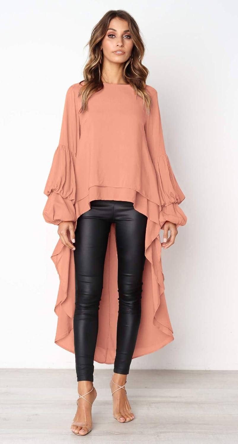 imagePRETTYGARDEN Womens Lantern Long Sleeve Round Neck High Low Asymmetrical Irregular Hem Casual Tops Blouse Shirt DressPink