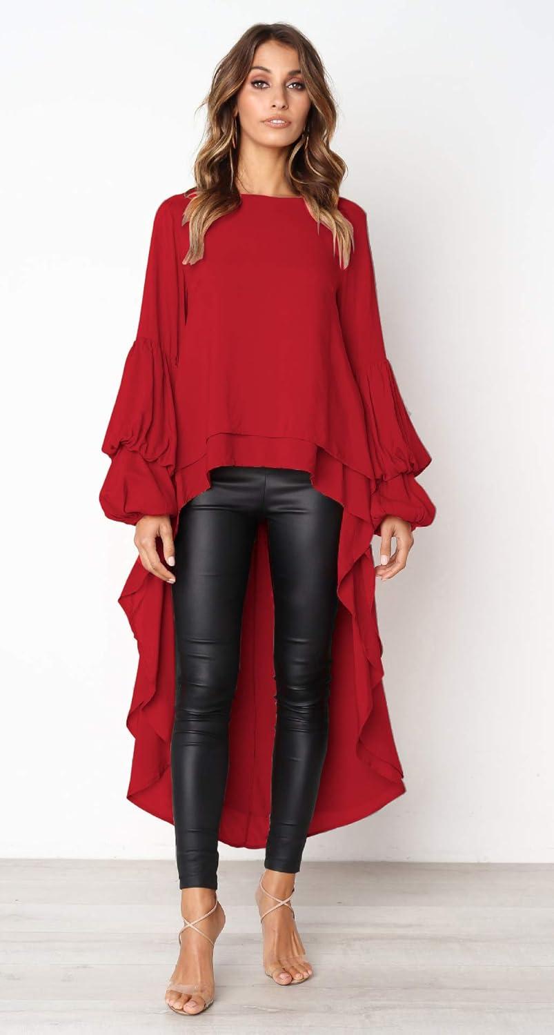imagePRETTYGARDEN Womens Lantern Long Sleeve Round Neck High Low Asymmetrical Irregular Hem Casual Tops Blouse Shirt DressRed
