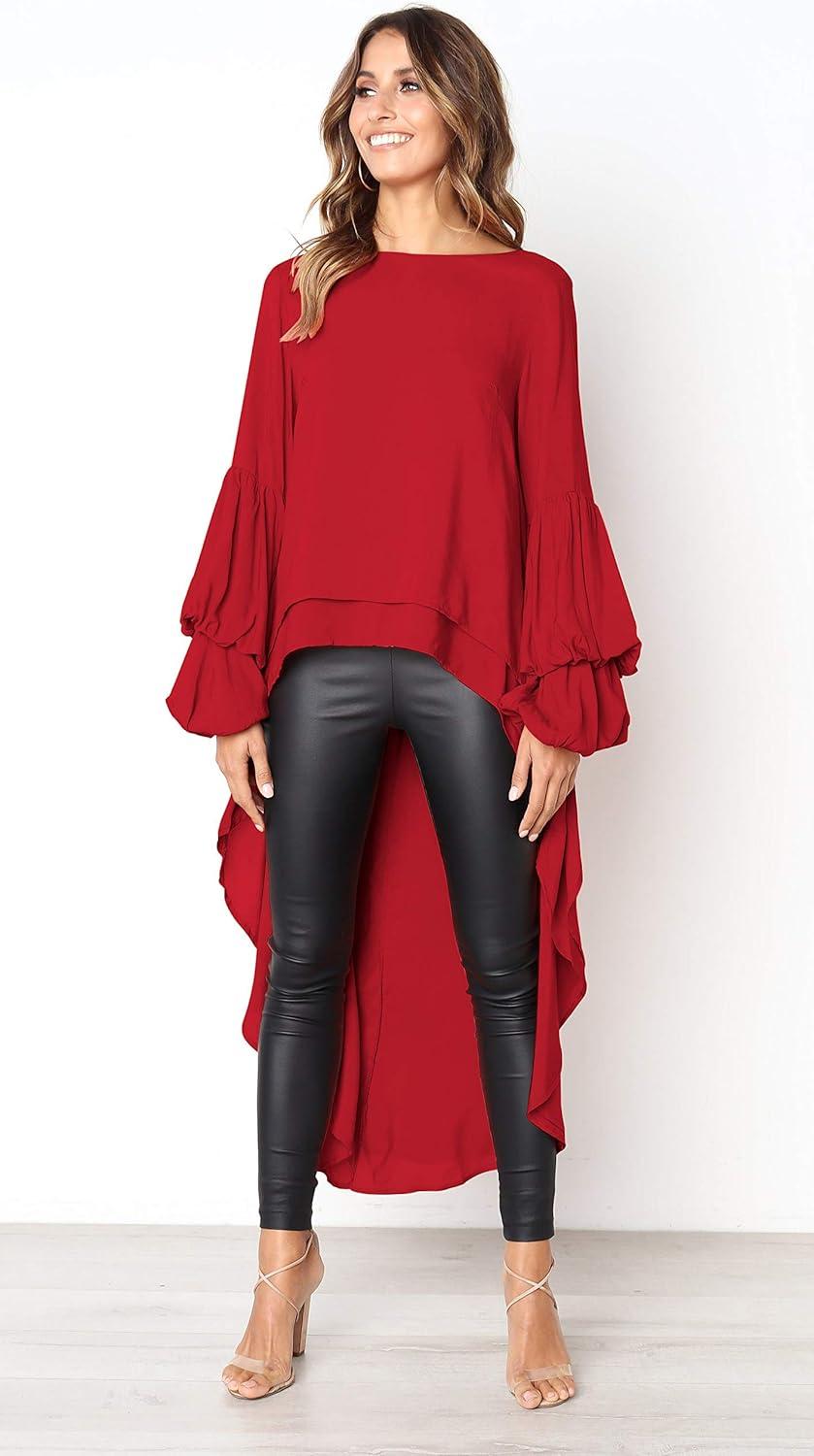 imagePRETTYGARDEN Womens Lantern Long Sleeve Round Neck High Low Asymmetrical Irregular Hem Casual Tops Blouse Shirt DressRed